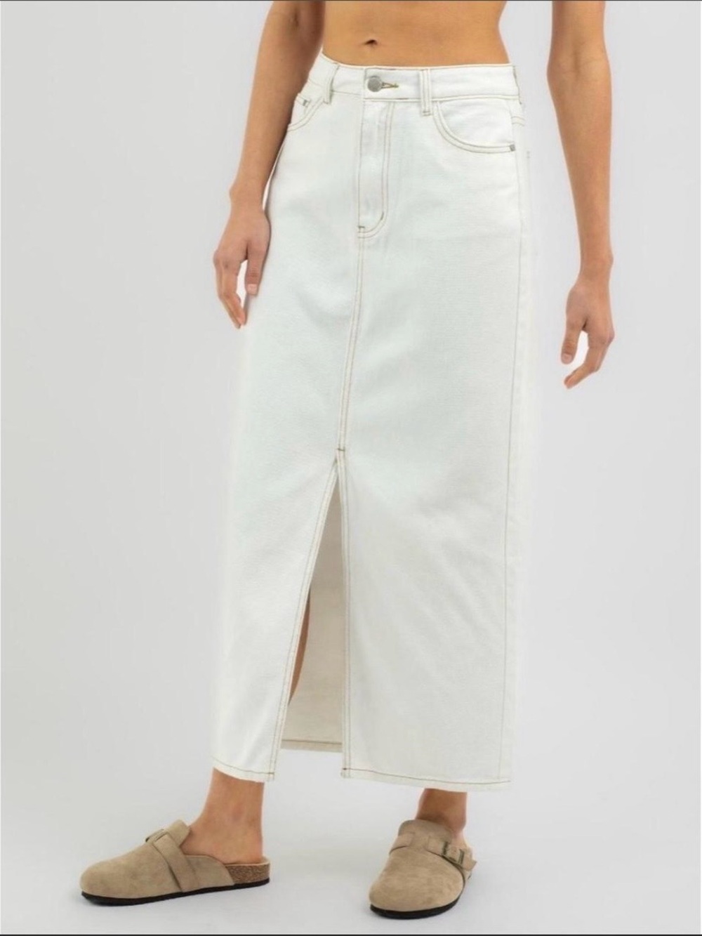 Blank NYC White/Cream Denim Maxi Skirt with Center Front Slit